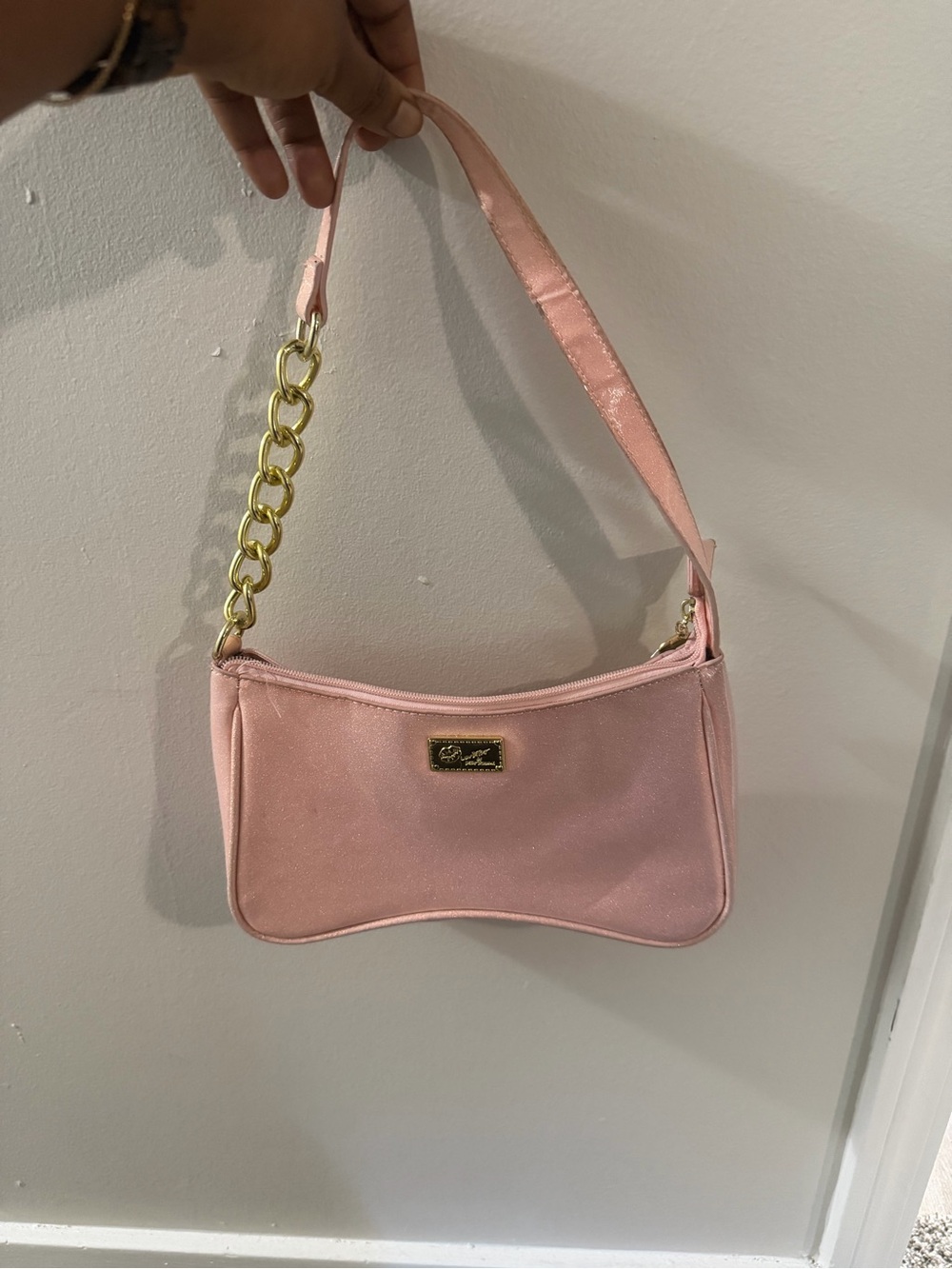 Blush Pink Mini Shoulder Bag with Gold Chain Detail